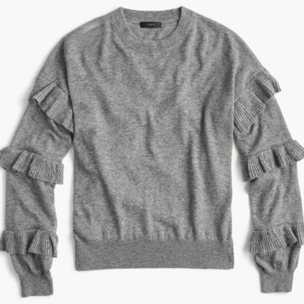 EUC Women's J. CREW Ruffle Sleeves Wool Blend Gray Sweater | Size XS